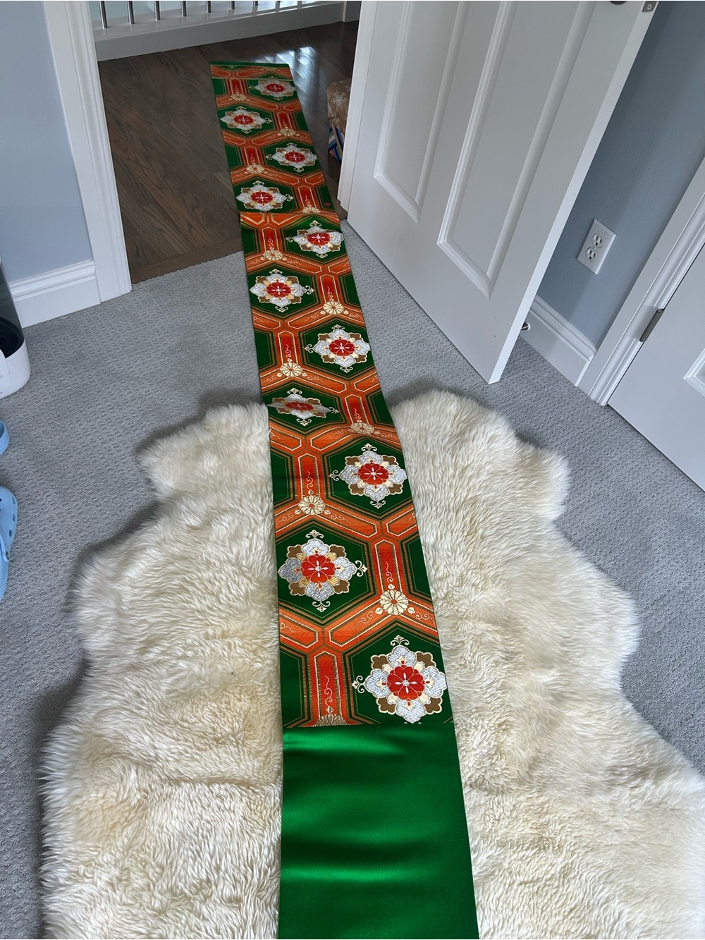 Japanese silk Obi - Table Runner - Green and Red Decorative Hex Pattern